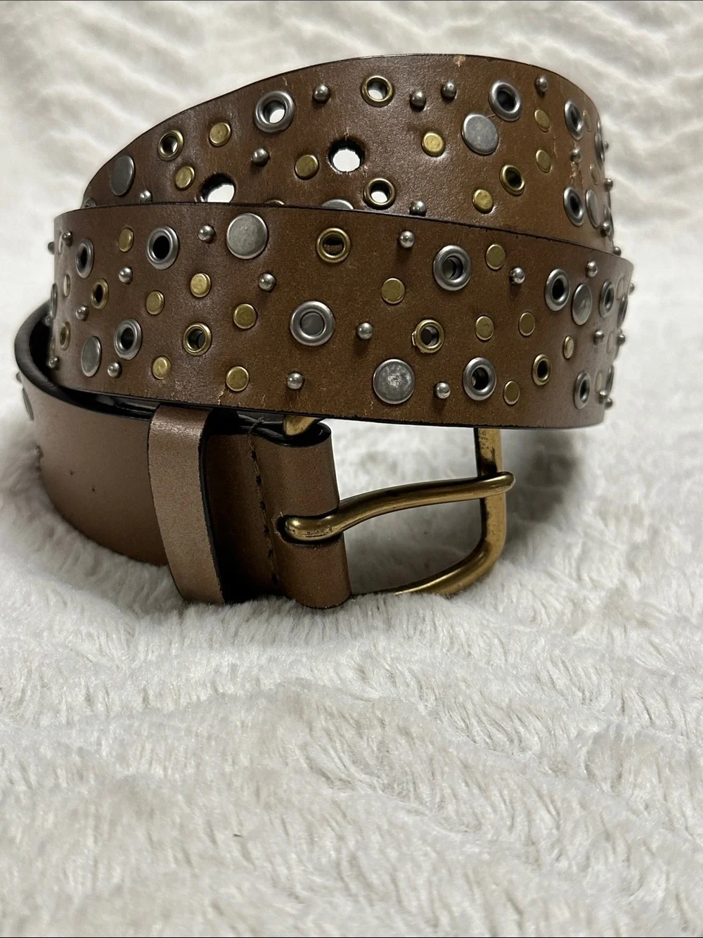 VINTAGE BOHO BROWN  100% % LEATHER BRASS STUDDED BELT XL